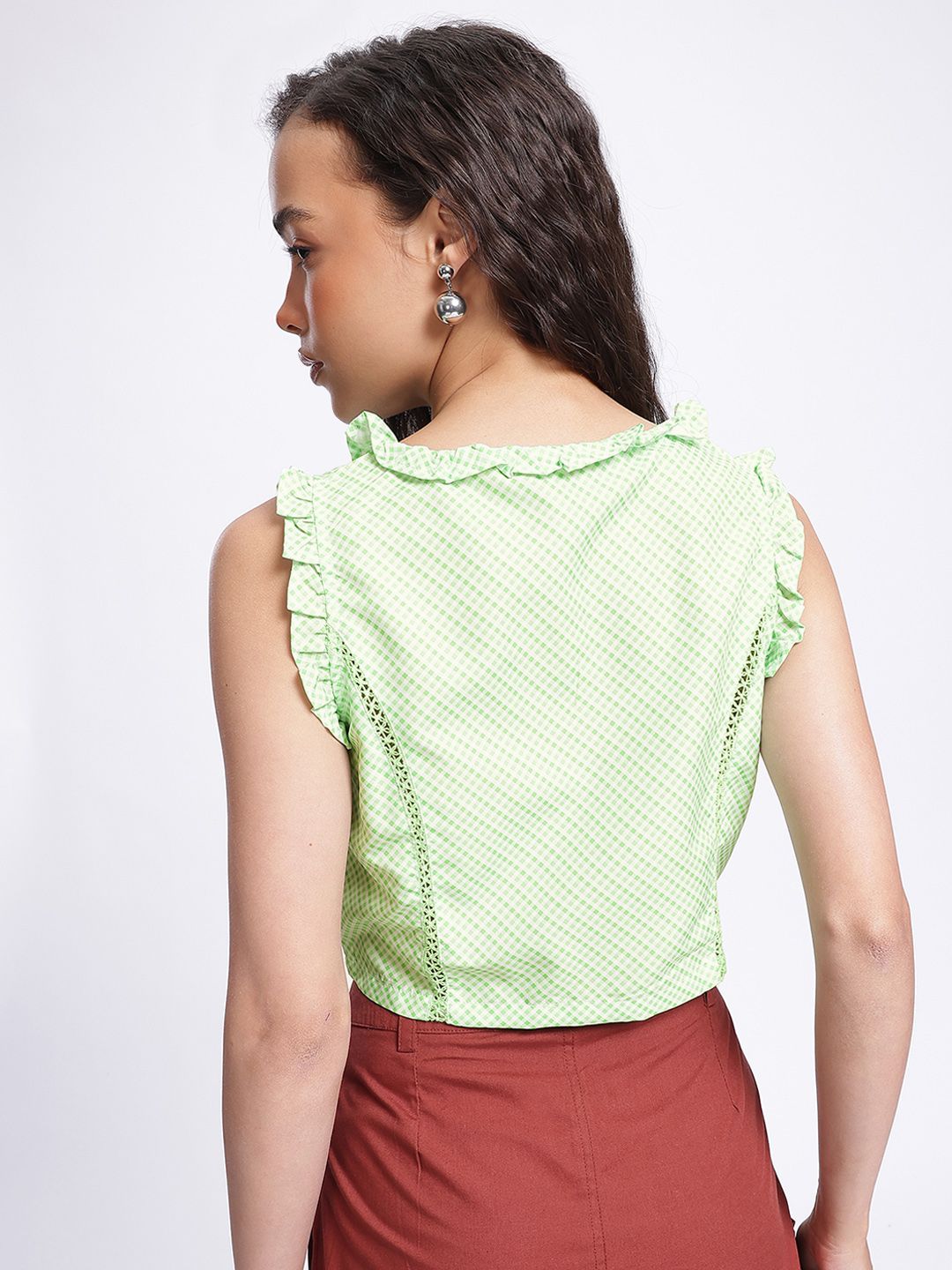 DressBerry Summer Checks Ruffled Tie-Up Button-Up Crop Top