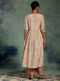 Libas Beige Floral Printed Gotta Patti Pleated A-Line Kurta with Palazzos