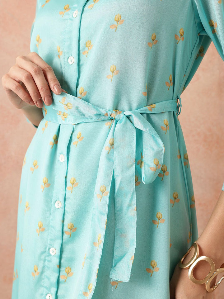 all about you Printed Belted Satin Finish Ethnic Shirt Midi Dress