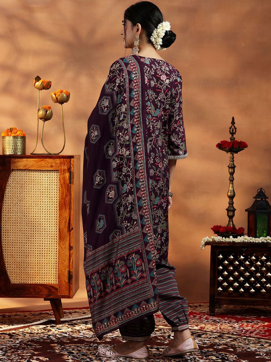 Libas Women Floral Printed Regular Mirror Work Kurta with Salwar & With Dupatta