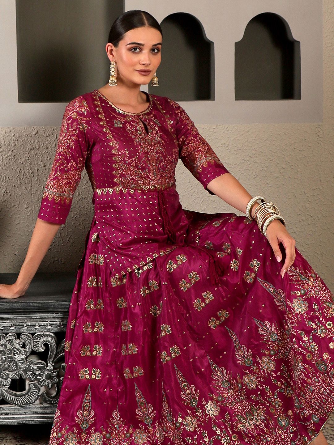 W Maroon & Gold-Toned Ethnic Motifs Ethnic Maxi Maxi Dress