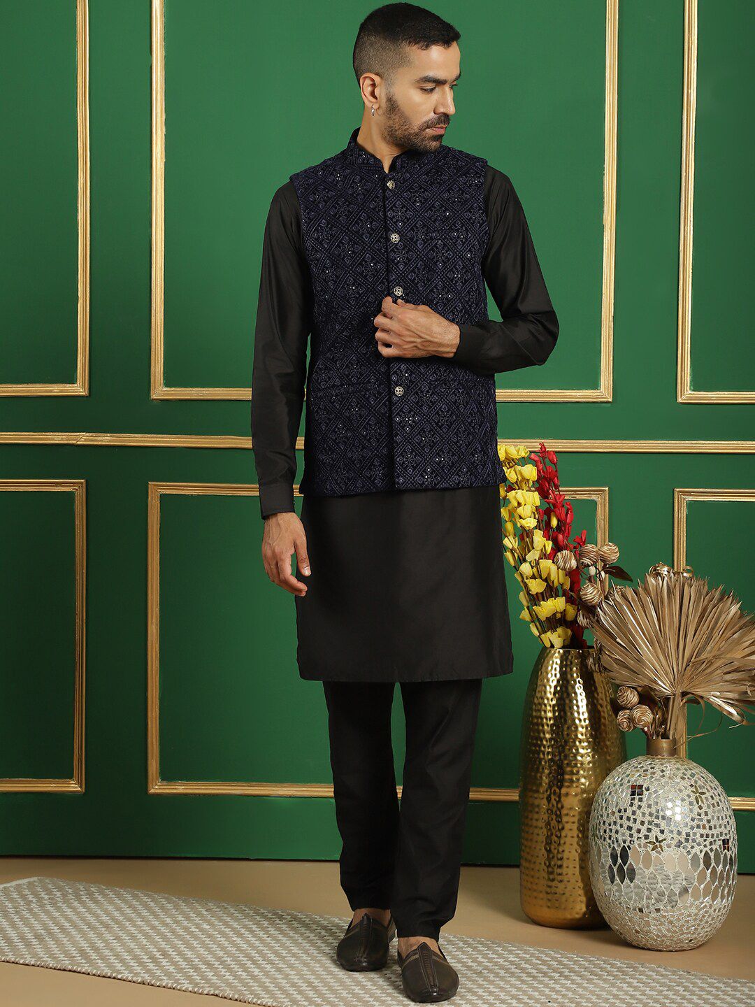 Jompers Embroidered Mandarin Collar Nehru Jackets