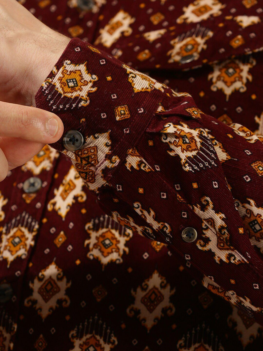 Thomas Scott Classic Slim Fit Ethnic Motifs Printed Pure Cotton Corduroy Semiformal Shirt