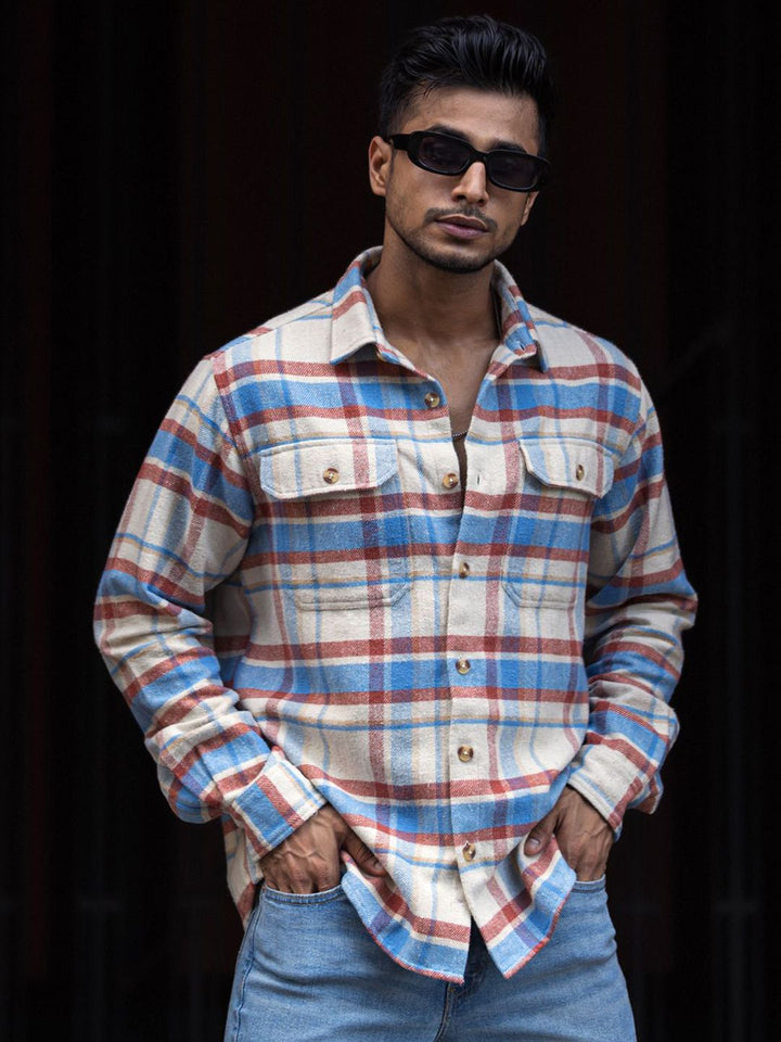 Powerlook Men Spread Collar Tartan Checked Cotton Casual Shirt