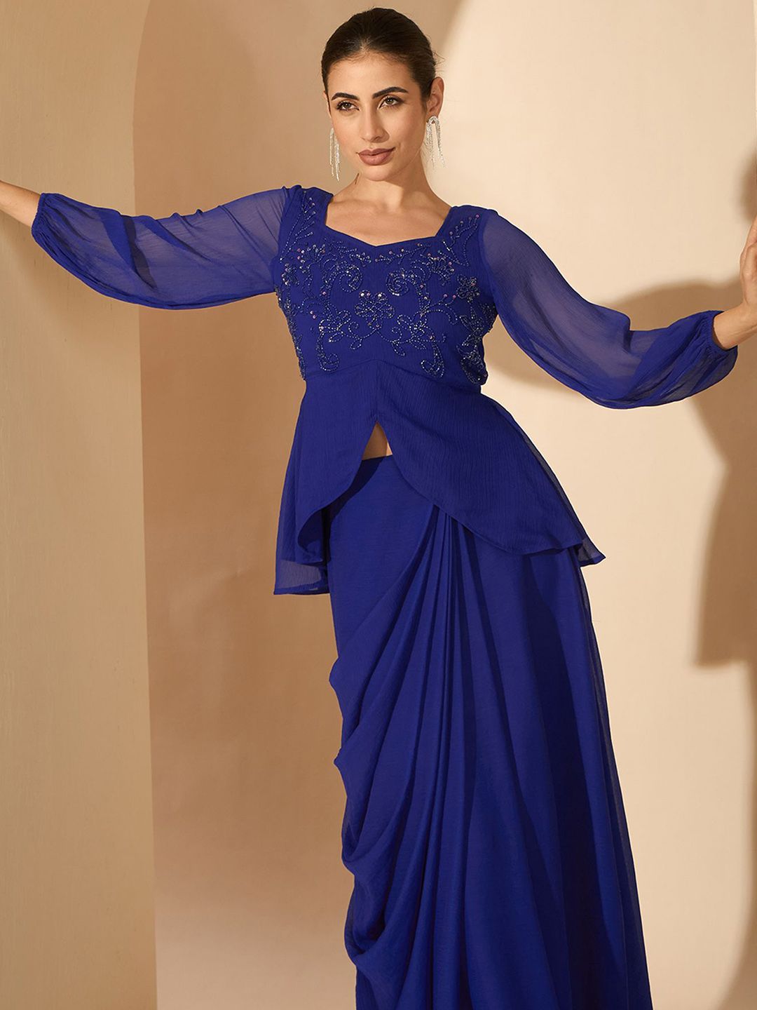 Antheaa Blue Embellished Square Neck Top & Skirt