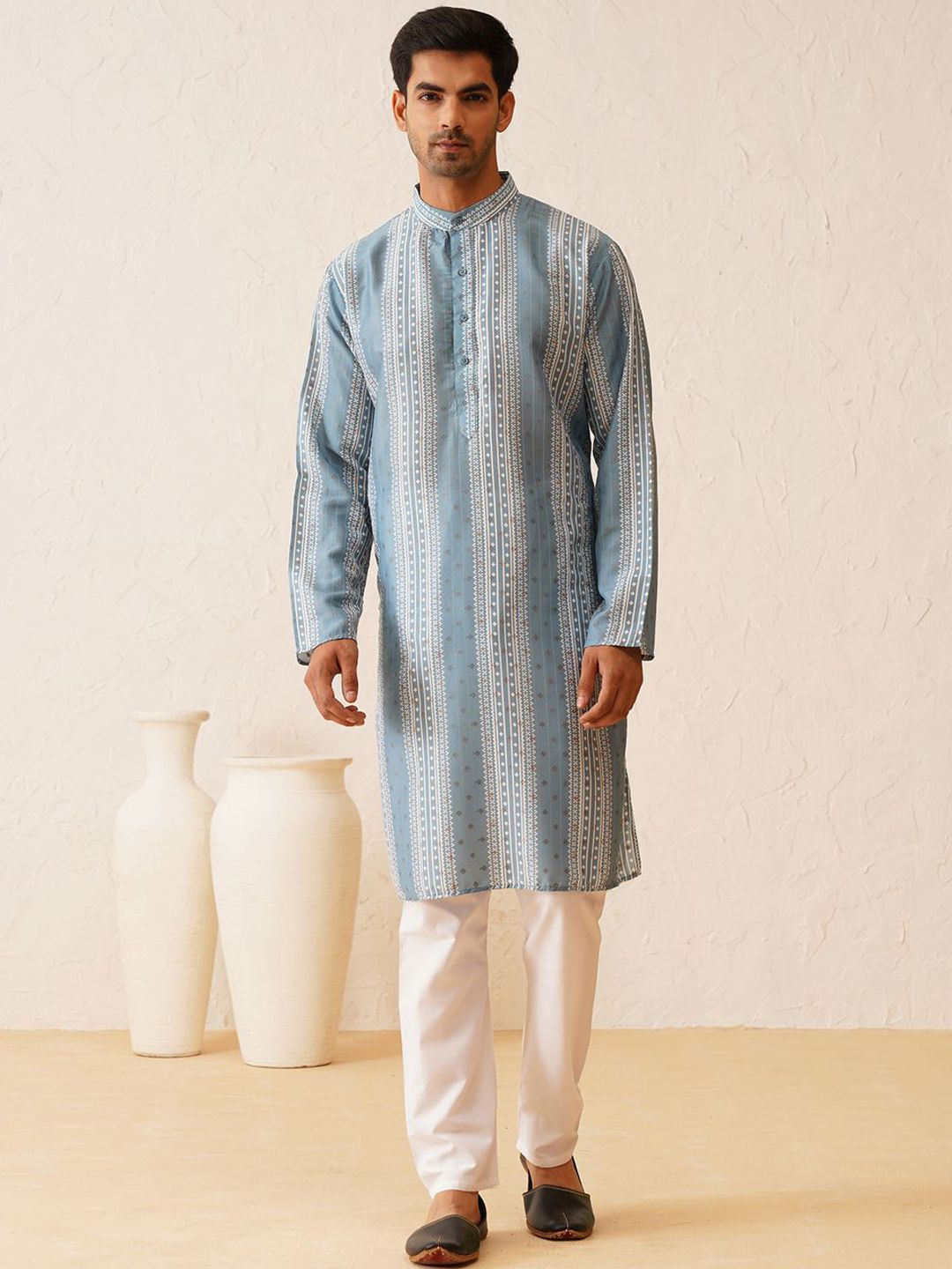 SOJANYA Kurta Lurus Kolar Mandarin Bercetak Geometrik Kapas Sutera