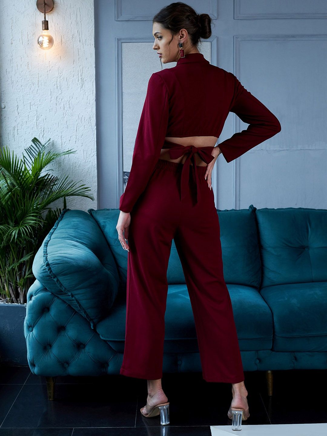 Athena Women Solid Lapel Collar Tie up Co-ord Set