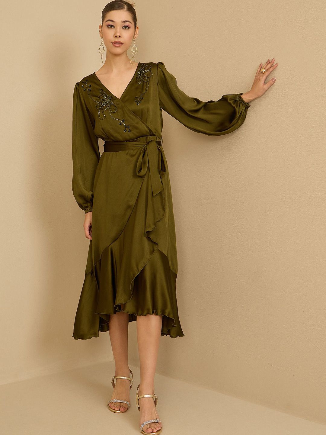 Antheaa Puff Sleeve Satin Embellished Wrap Midi Dress