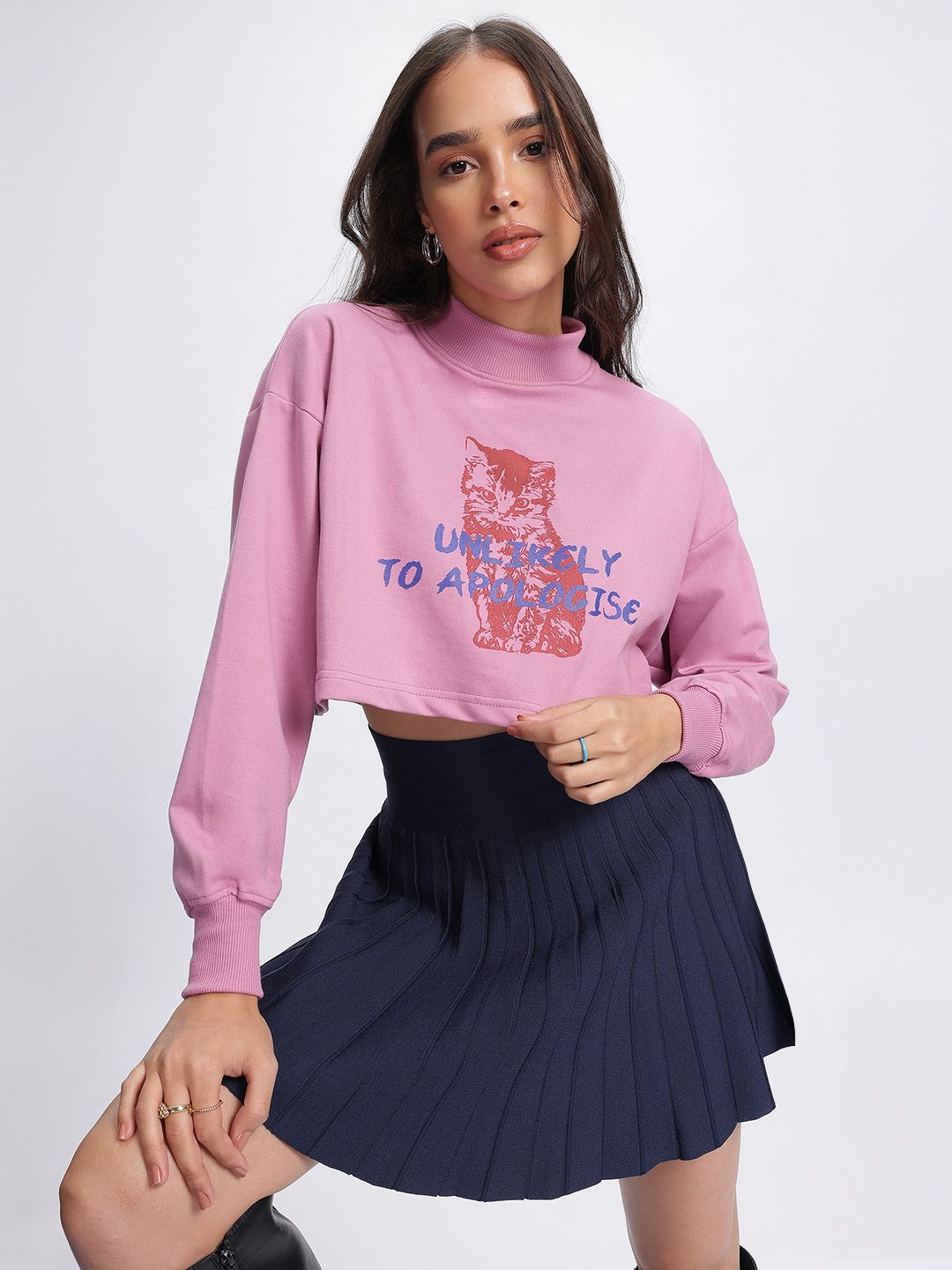 DressBerry Printed High Neck Boxy Crop Sweatshirt
