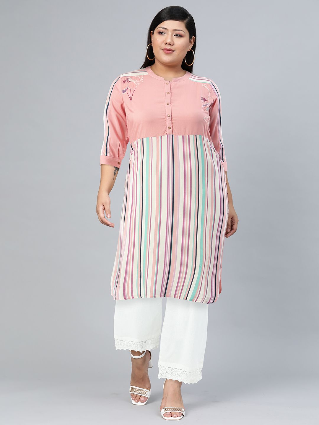 W Women Pink & Blue Striped Kurta