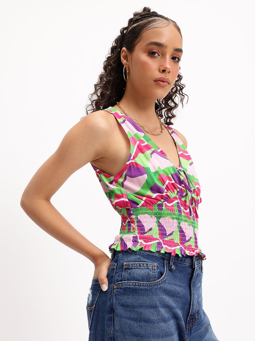 DressBerry Colour Pop Tie-Up Neck Smocked Top