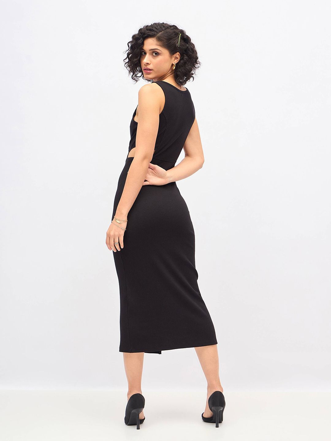 SASSAFRAS Black Cut-Out Midi Sheath Dress