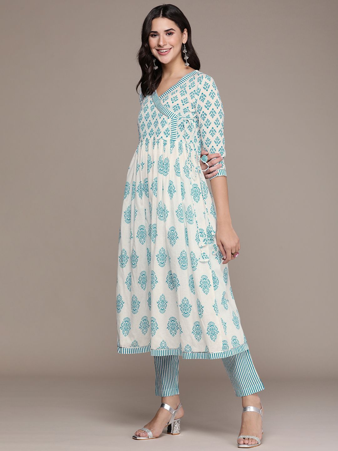 Anouk Women Floral Printed Angrakha Gotta Patti Cotton Kurta with Trousers & Dupatta
