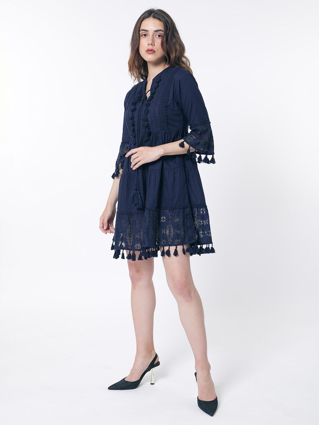 RAREISM Band Collar Bell Sleeve Tie-Up Detail Cotton Fit & Flare Dress