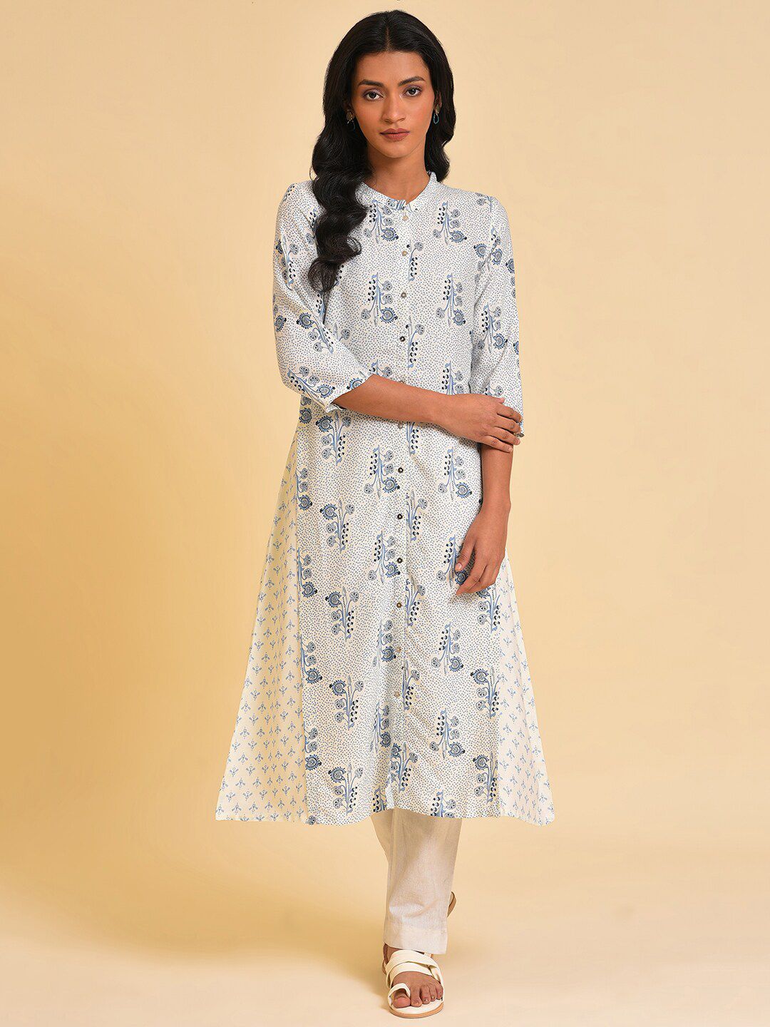 W White & Blue Ethnic Motifs Printed A-Line Kurta