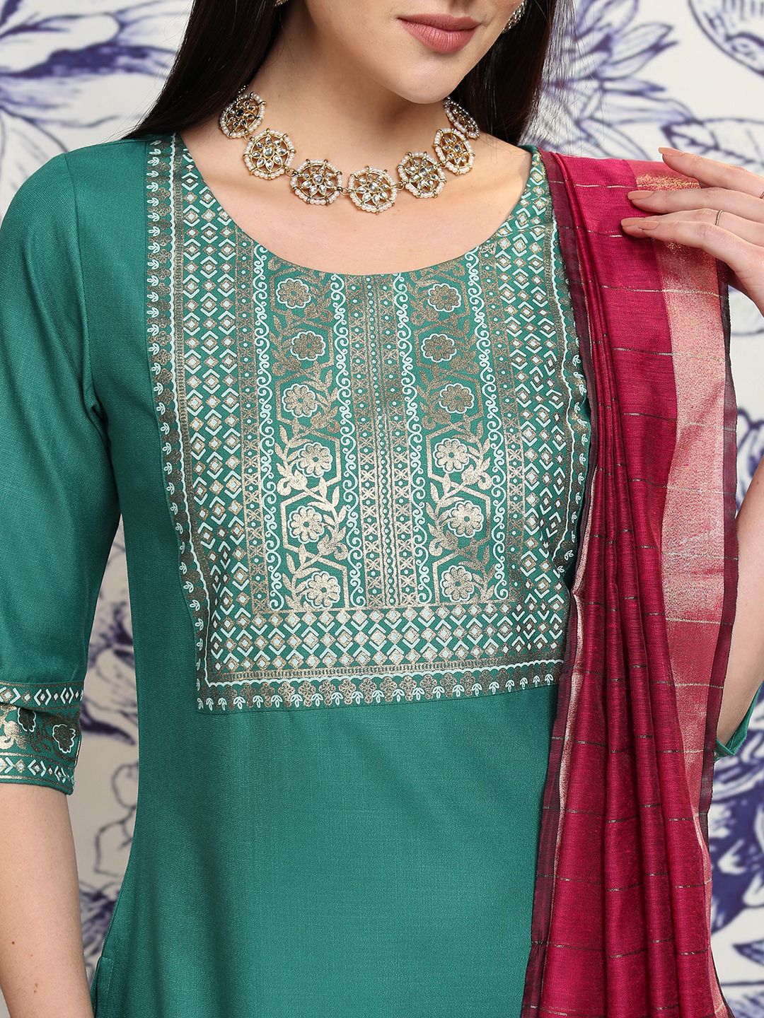 Vishudh Green Ethnic Motifs Yoke Design Regular Straight Kurta With Palazzos & Dupatta