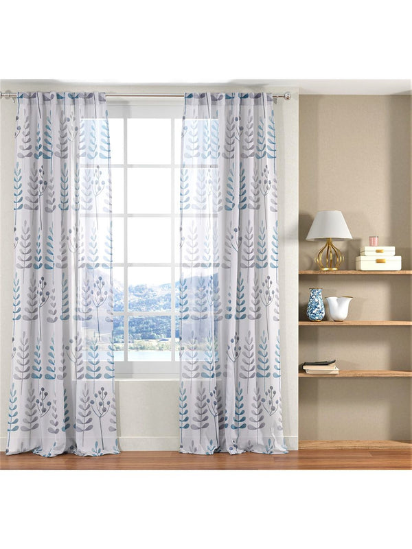 URBAN SPACE Blue & White Set of 2 Floral Sheer Door Curtain