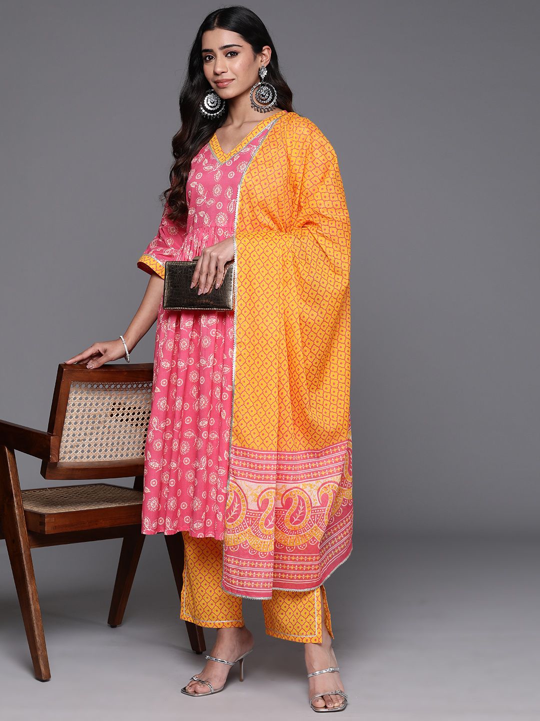 Libas Floral Printed Pleated Gotta Patti Pure Cotton Kurta with Trousers & Dupatta