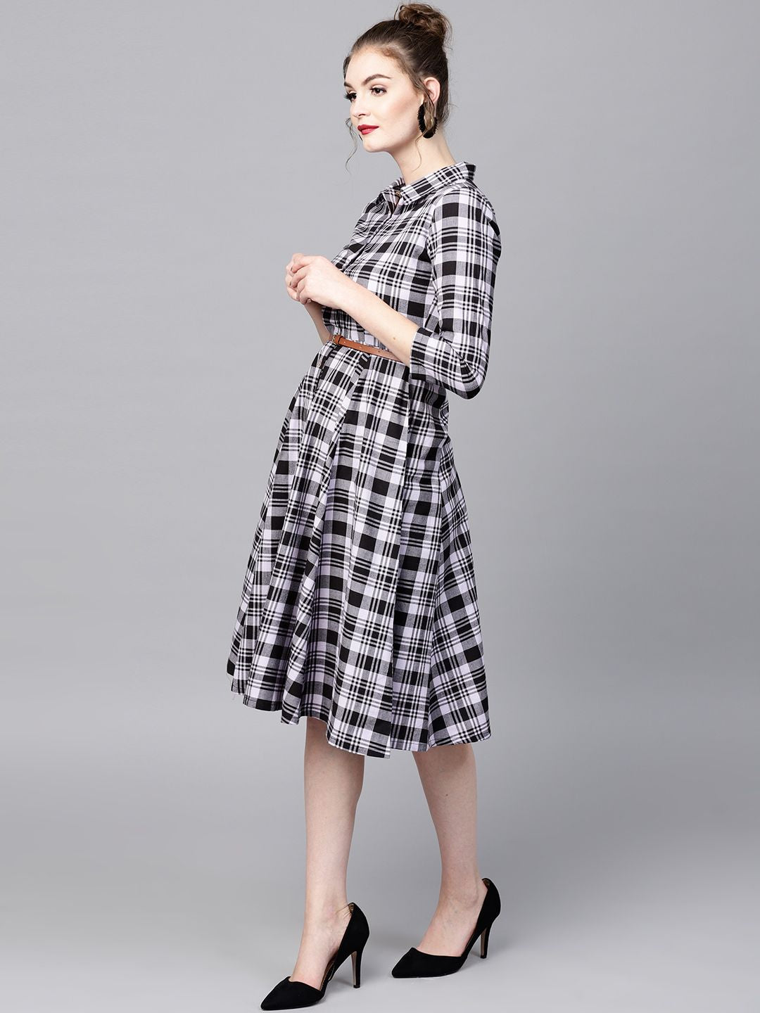 SASSAFRAS Women Black & Lavender Checked Shirt Dress