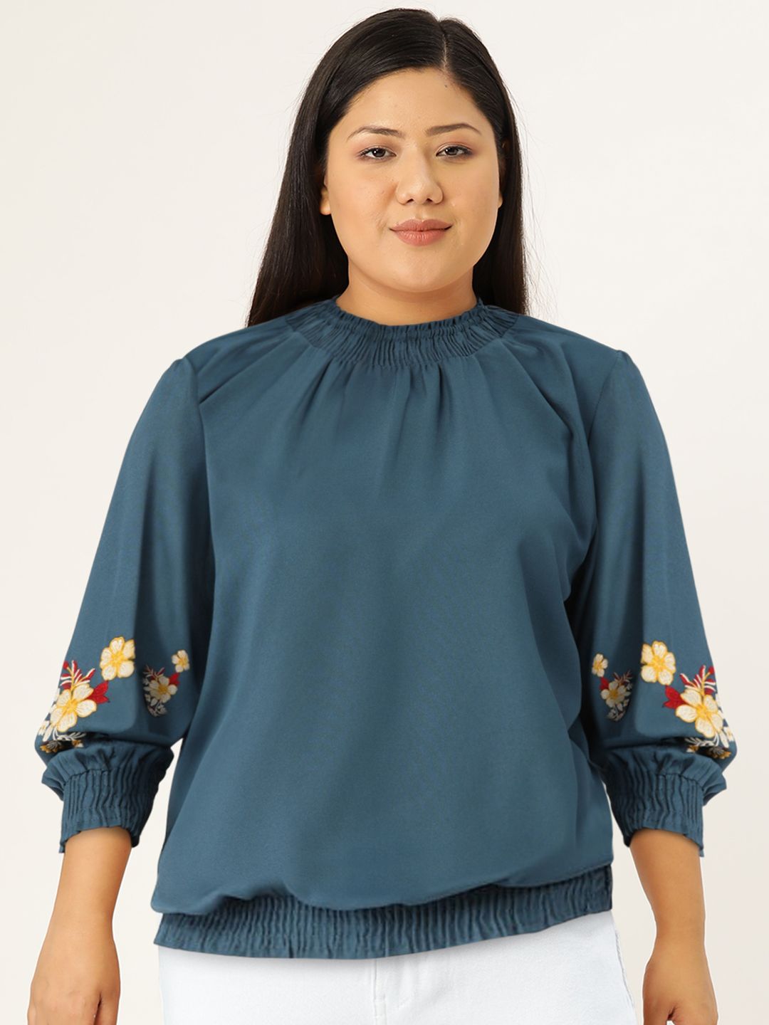 DressBerry Teal Blue Smocked Detail Blouson Top