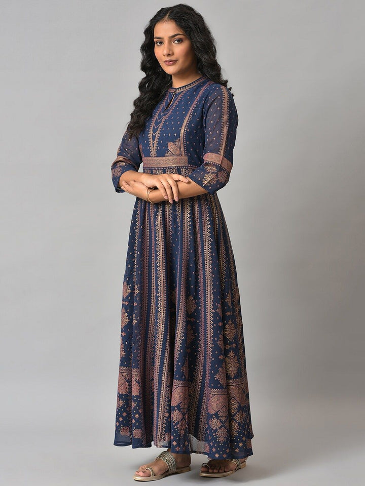 W Blue Ethnic Motifs Ethnic Maxi Dress
