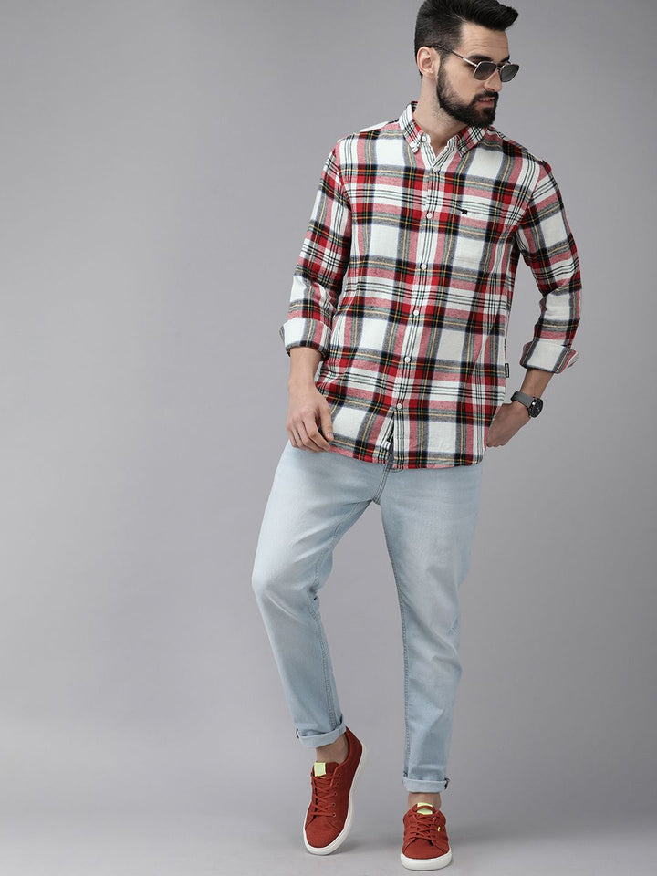 THE BEAR HOUSE Men White & Red Slim Fit Checked Cotton Flannel Casual Shirt