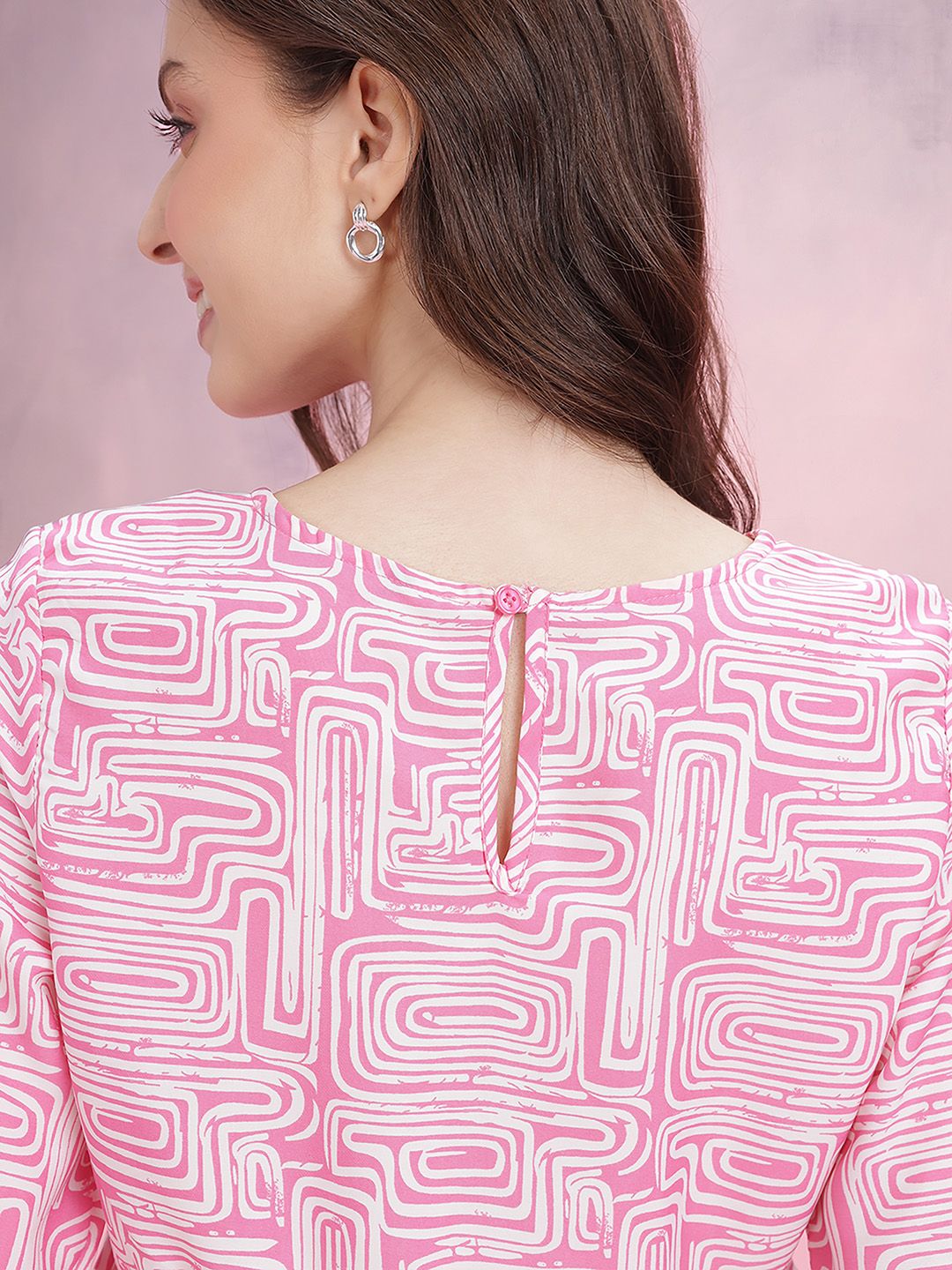 DressBerry Abstract Print Bell Sleeves Ruffled Peplum Top