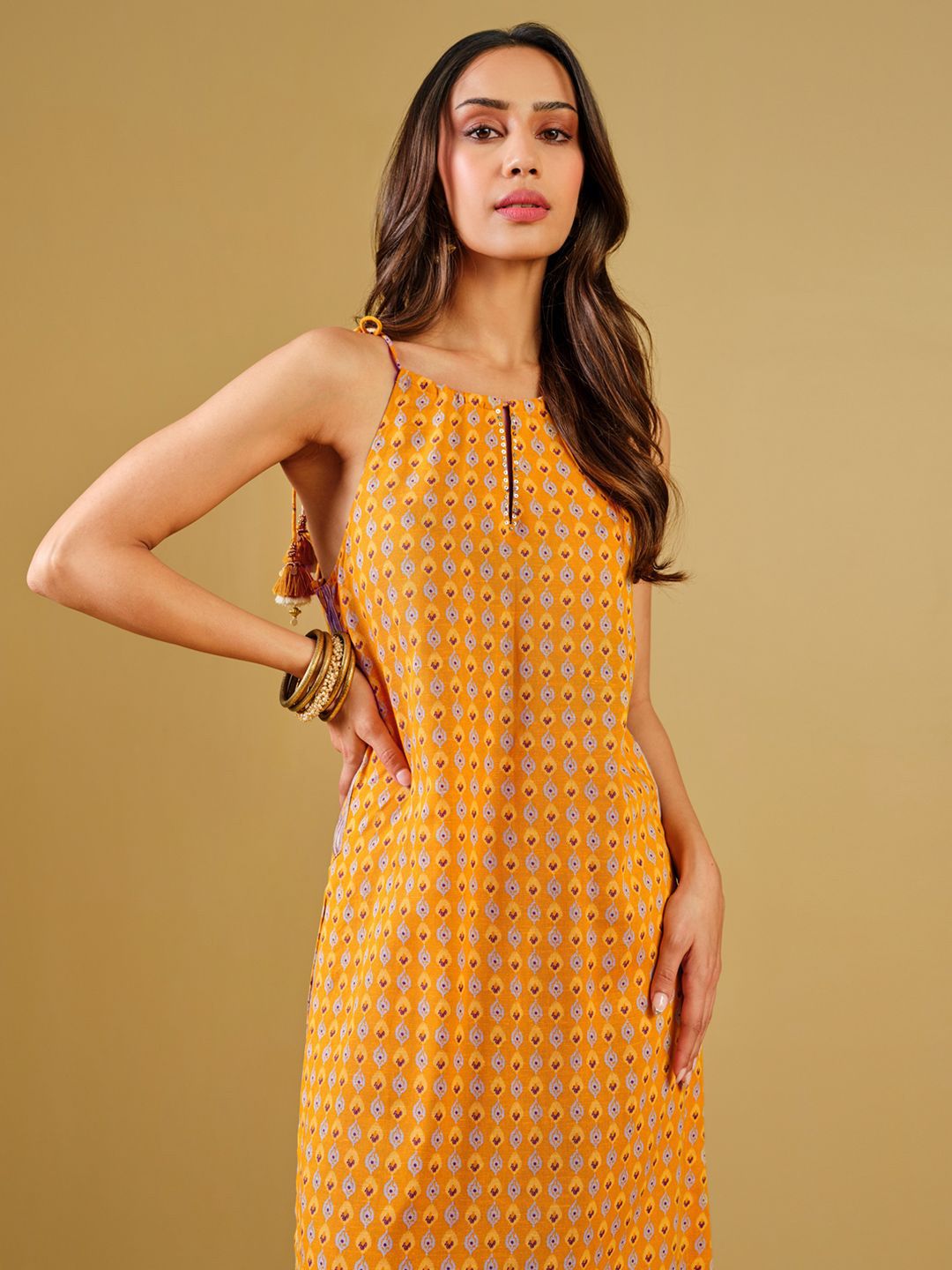 Global Desi Ethnic Motifs Printed Shoulder Straps Sequinned Straight Kurta with Trousers