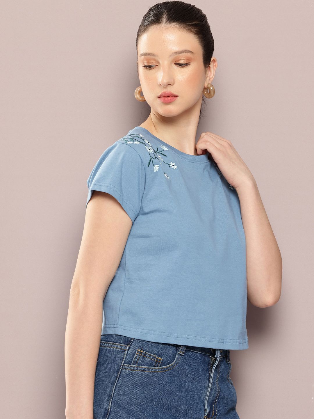 DILLINGER Women Regular Cropped Fit Embroidery Crew Neck Tshirt