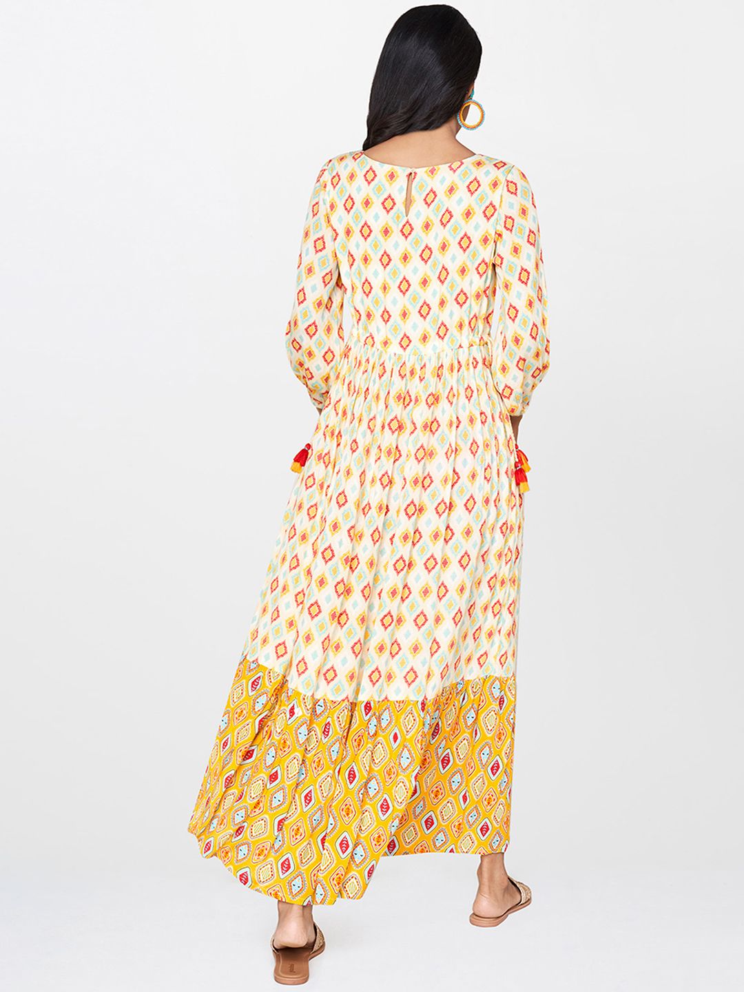 Global Desi Women Off-White & Mustard Yellow Printed Maxi Dress