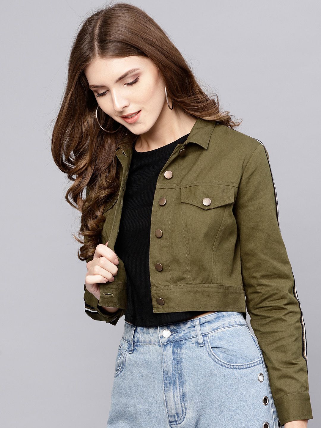 STREET 9 Women Olive Green Solid Crop Jacket