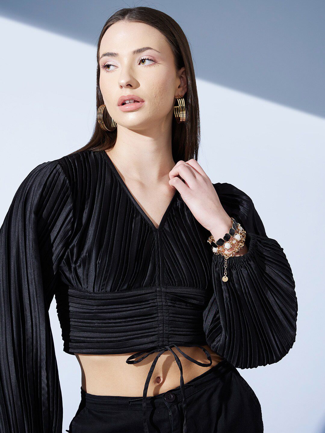 STREET 9 Black Bishop Sleeves Accordion Pleats Crop Top
