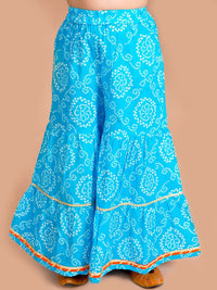 pspeaches Girls Blue Bandhani Printed Panelled Gotta Patti Pure Cotton Kurti with Sharara & With Dupatta