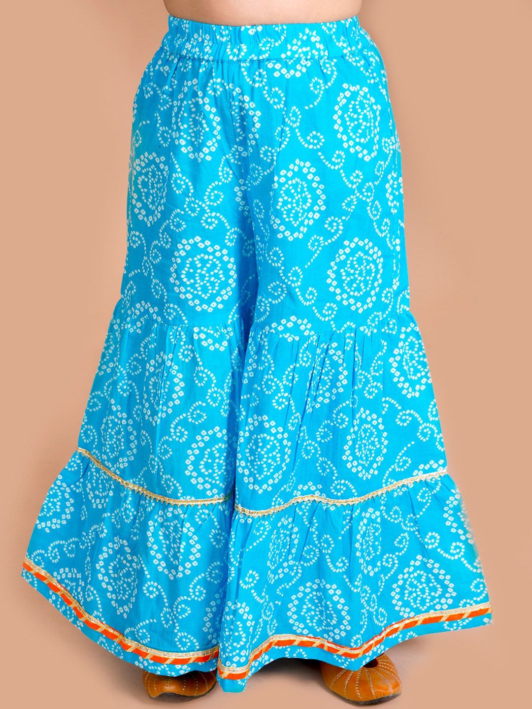 pspeaches Girls Blue Bandhani Printed Panelled Gotta Patti Pure Cotton Kurti with Sharara & With Dupatta