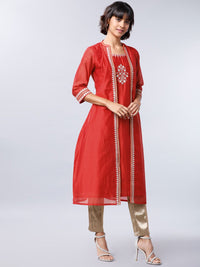 Vishudh Women Red Embroidered A-Line Kurta