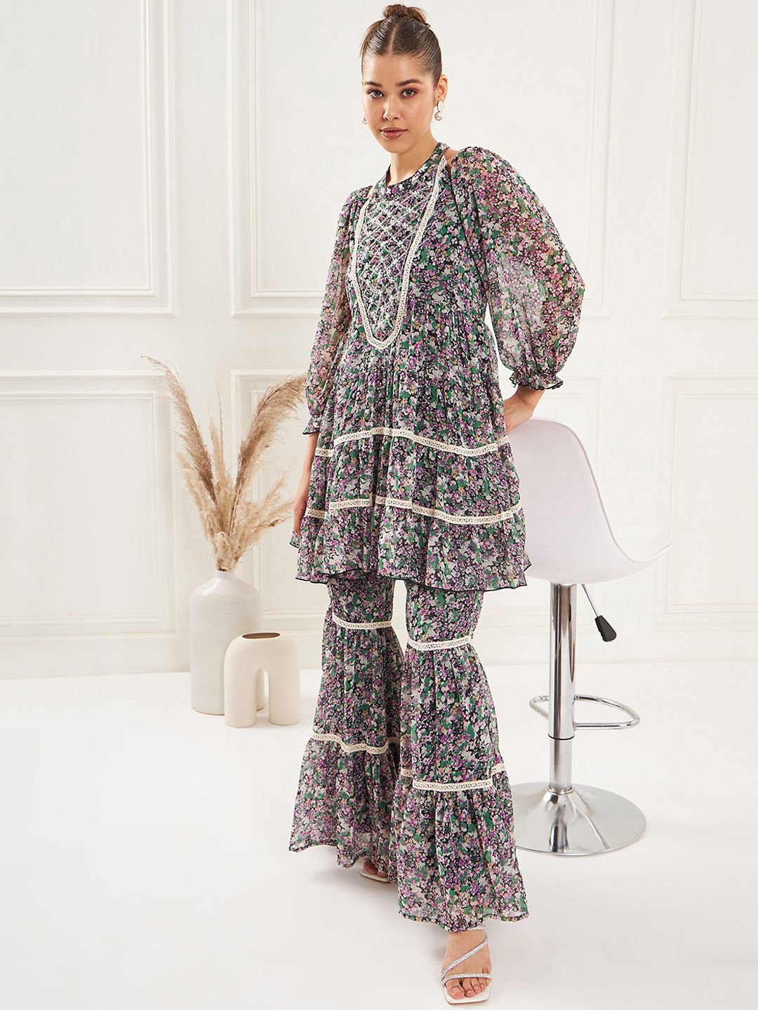 Antheaa Floral Printed Lace Insert Top & Sharara