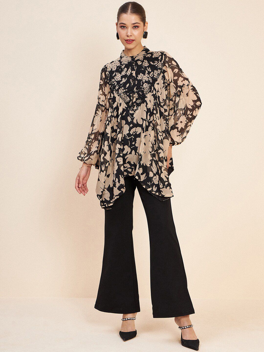 Antheaa Black Printed Embellished Top & Trousers