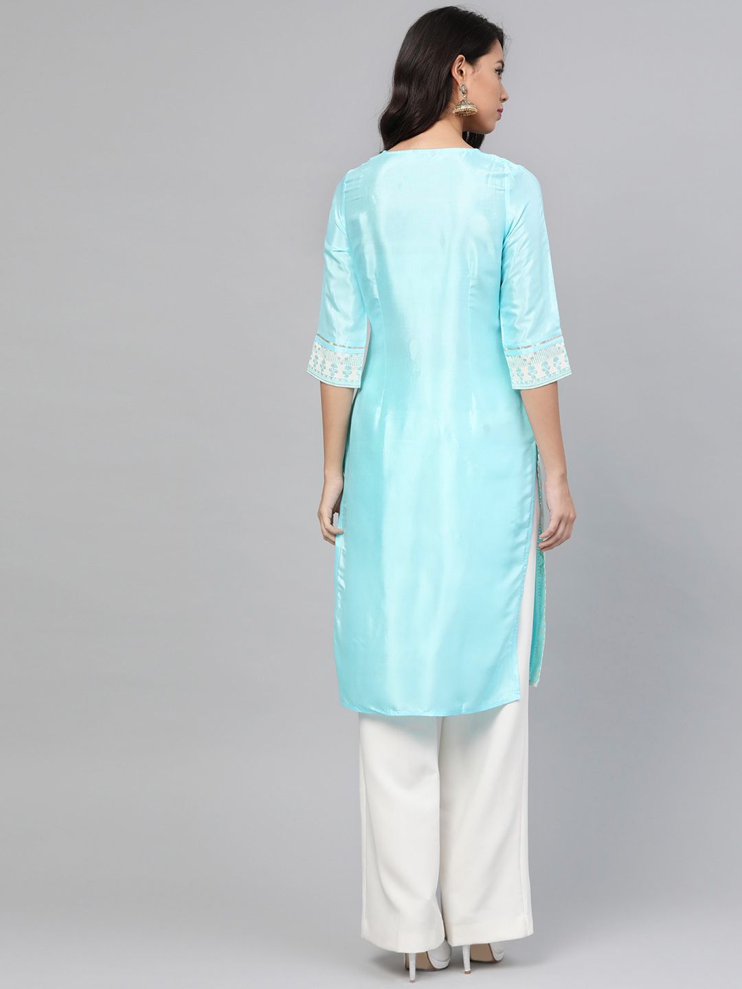 W Women Blue & Off-White Printed Straight Kurta