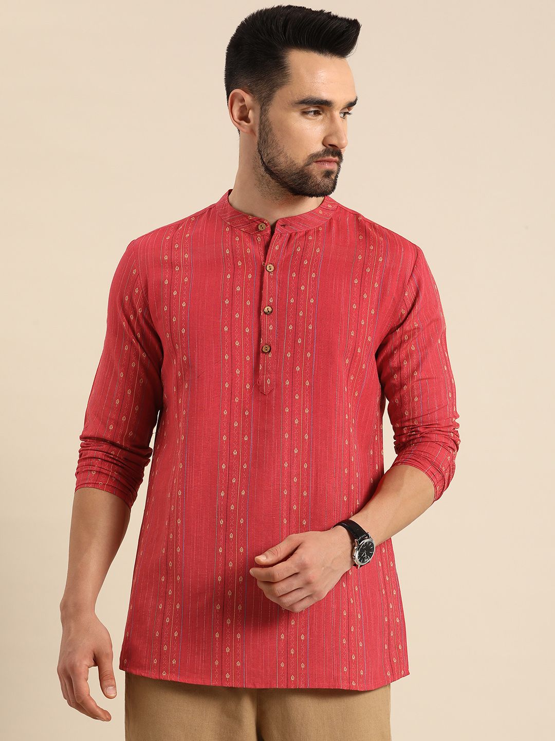 Anouk Men Coral Red Embroidered Mandarin Collar Short Kurta