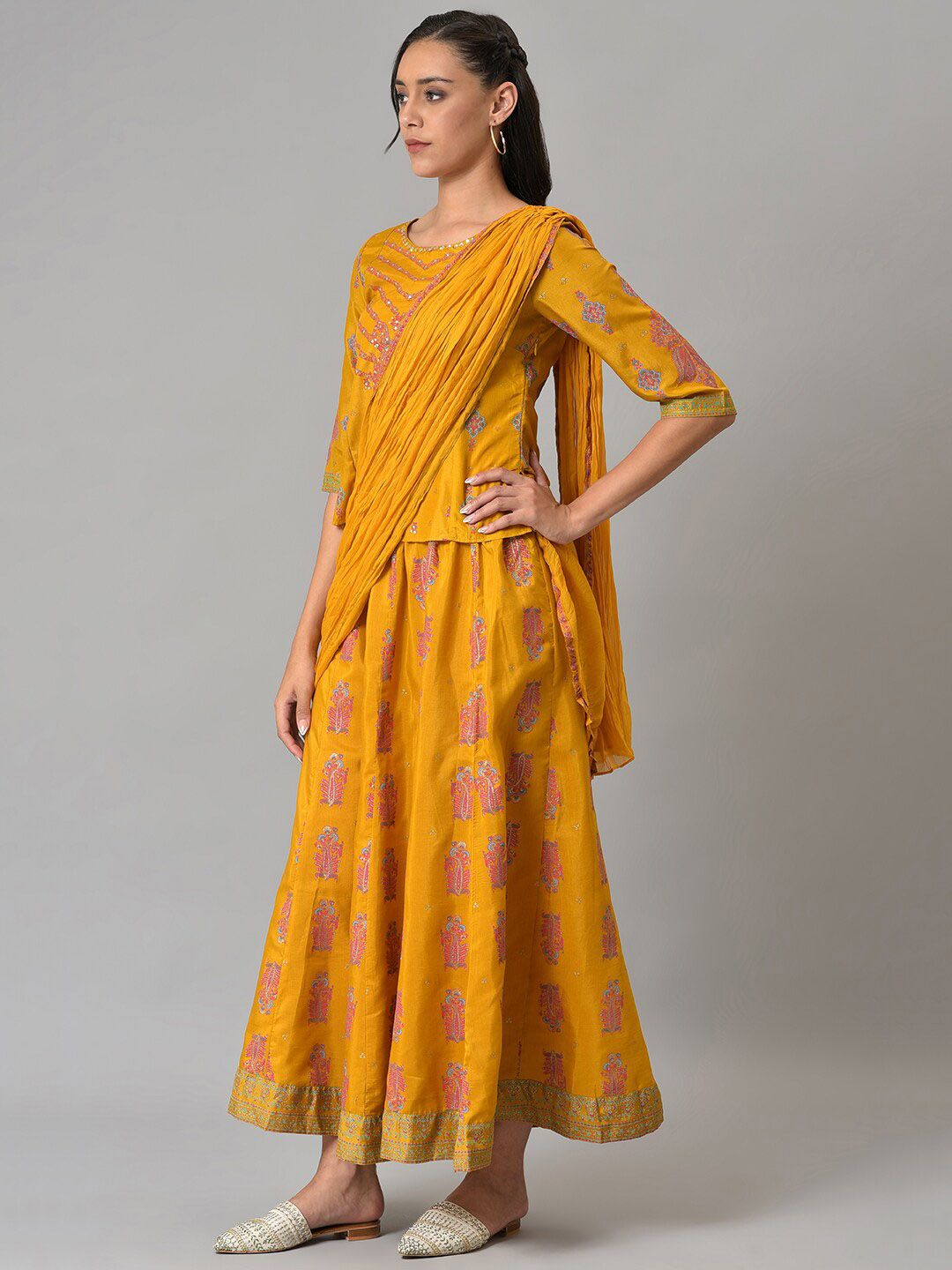 W Festive Printed Shantung Top & Culotte With Attached Drape