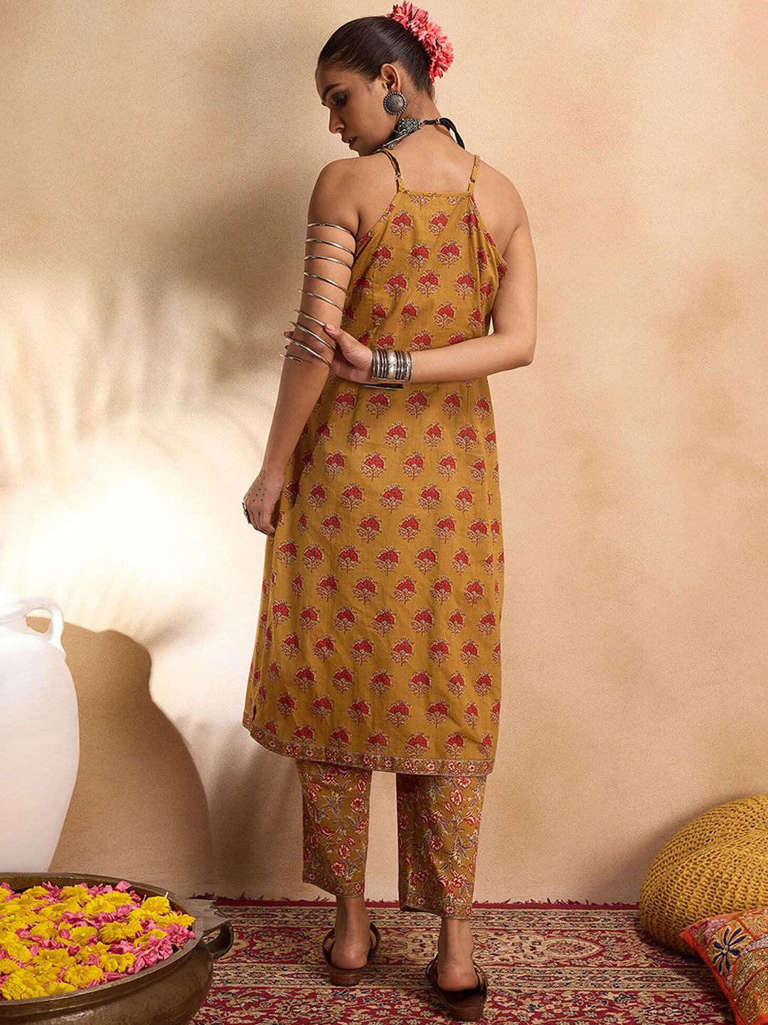 Indo Era Floral Printed Pure Cotton Straight  Kurta with Trousers