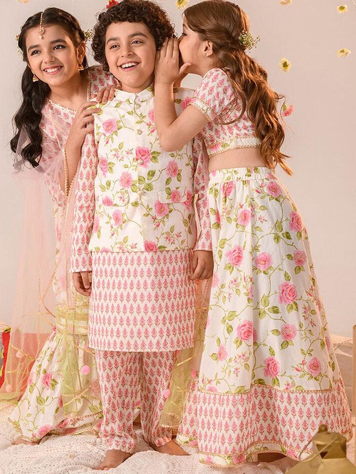 pspeaches Boys Floral Printed Regular Pure Cotton Kurta With Pyjamas & Nehru Jacket