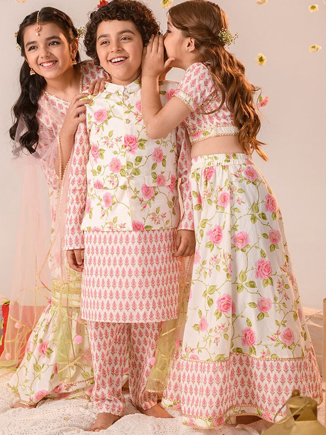 pspeaches Boys Floral Printed Regular Pure Cotton Kurta With Pyjamas & Nehru Jacket