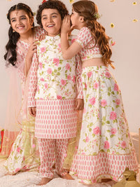 pspeaches Boys Floral Printed Regular Pure Cotton Kurta With Pyjamas & Nehru Jacket