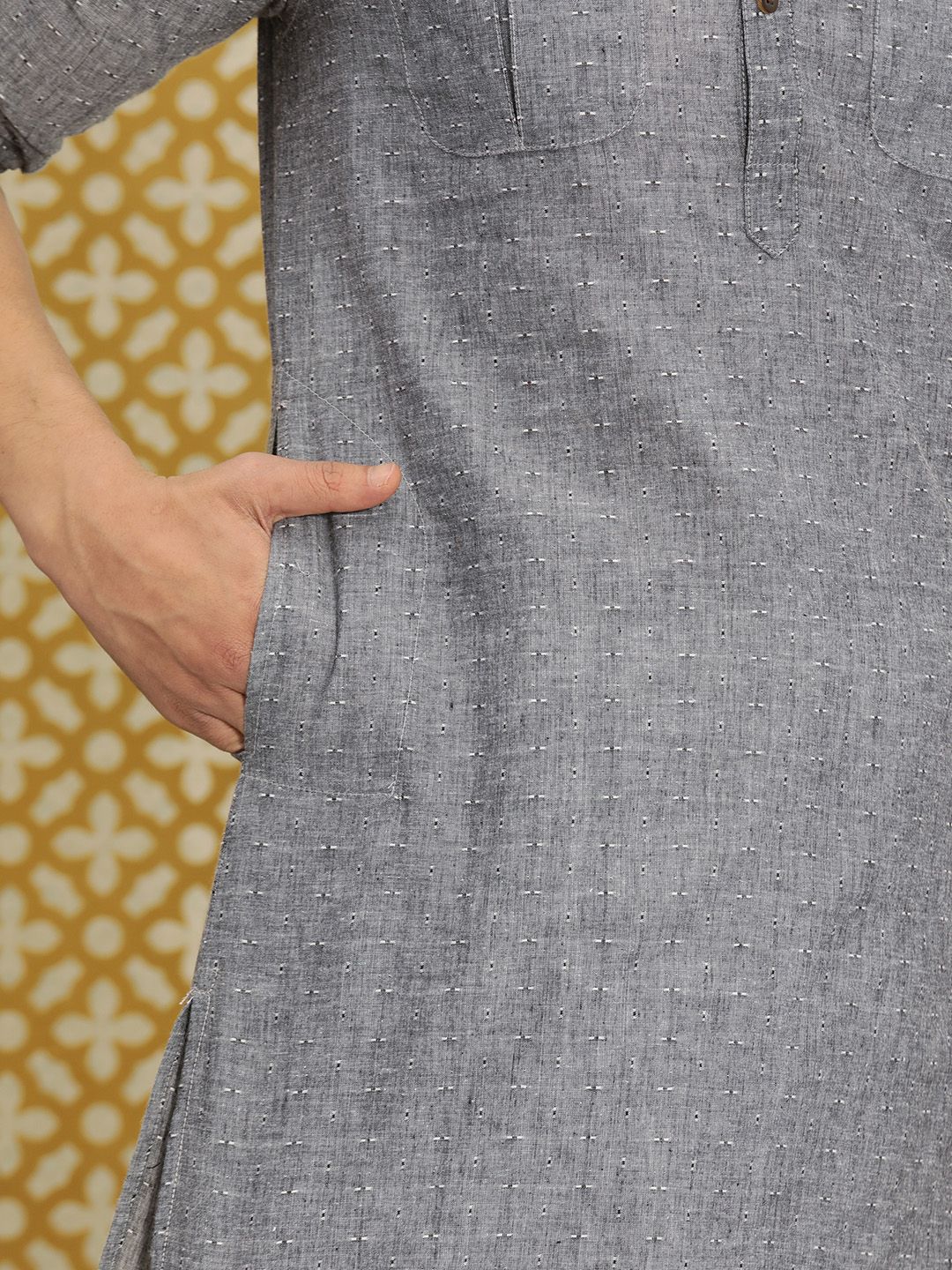 House of Pataudi Men Grey Solid Roll Up Sleeved Pathani Kurta