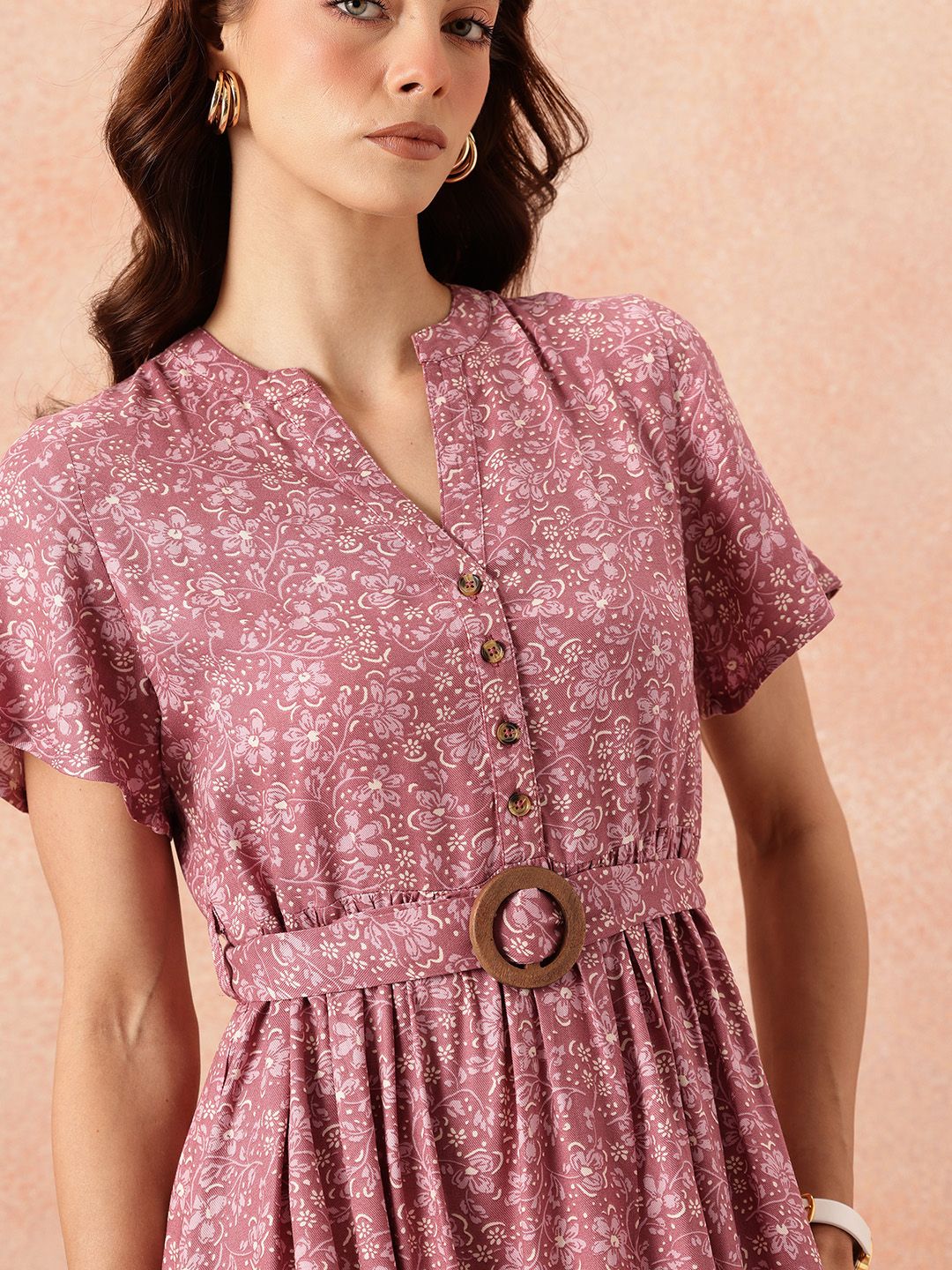 all about you Floral Print Flutter Sleeves A-Line Midi Dress with Belt