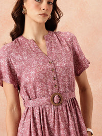 all about you Floral Print Flutter Sleeves A-Line Midi Dress with Belt