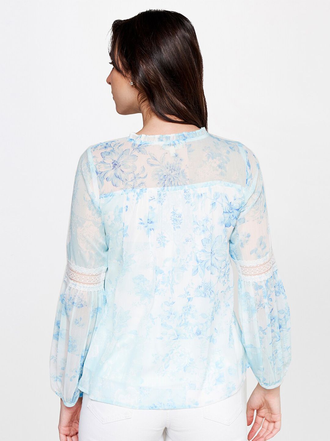 AND Floral Printed Puff Sleeves Tie-Up Neck Top