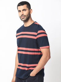 RARE RABBIT Men Cachos Striped Pure Cotton Slim Fit T-Shirt