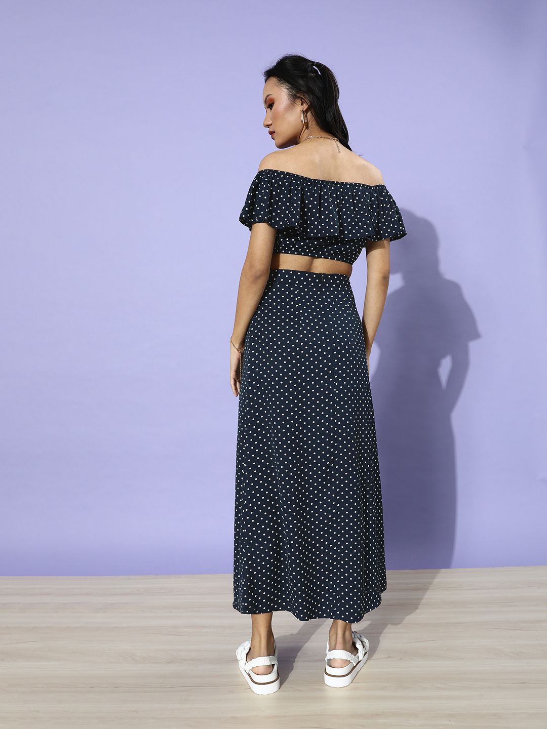 Berrylush Women Navy Blue Polka Dotted Co-Ord Dress